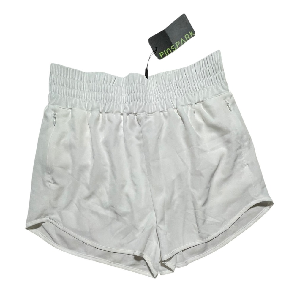 Pinspark Womens White High Waisted Running Shorts Smocked Waist Zipper Pockets M